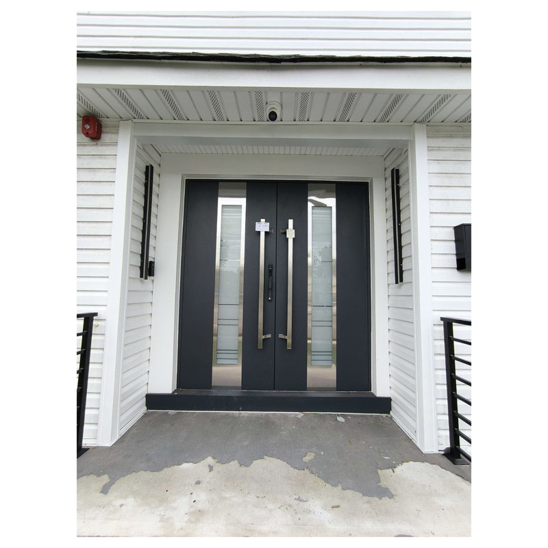 Porte avant en acier pré-suspendue à l'avant / deux graphite gris 0757 / fenêtre extérieure latérale / inserts en acier inoxydable simple peint moderne - l 36 po x H 80 po - Gauche