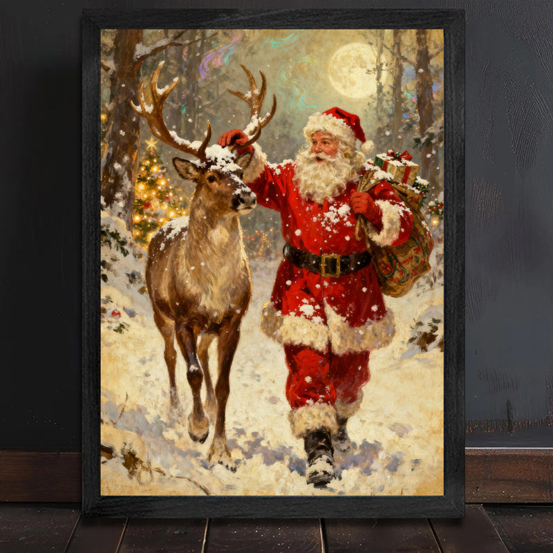 Père Noël rétro noir encadré avec art mural de style rétro, H 11 po x l 9 po