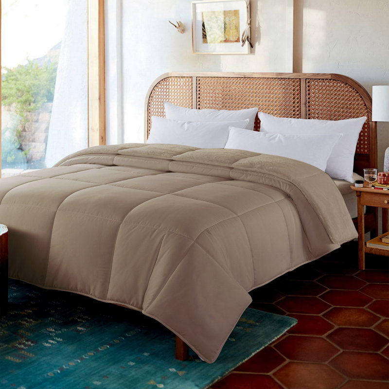 Cozy Down Alternative Reversible Comforter Box Stitch Comforter, Tan, King Comforter