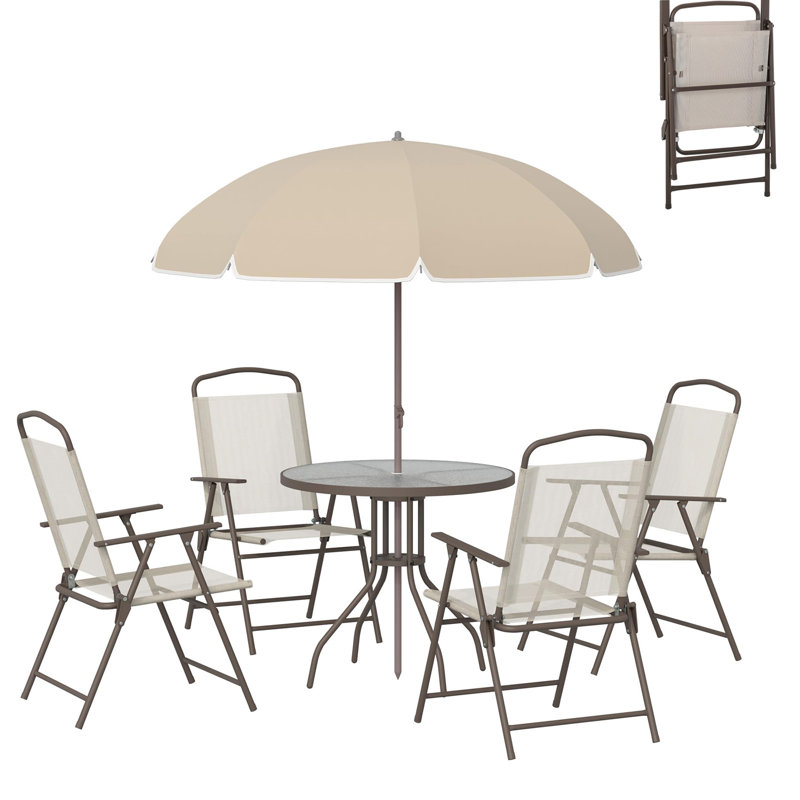 Ensemble de 6 tables d'extérieur et chaises, ensemble de meubles de patio avec parasol, table en verre trempé, 4 chaises pliantes et parasol