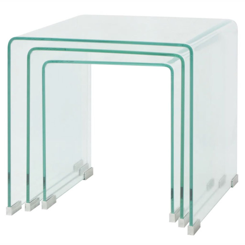 vidaXL Nesting Table Set Set of 3 Clear Tempered safety glass Small