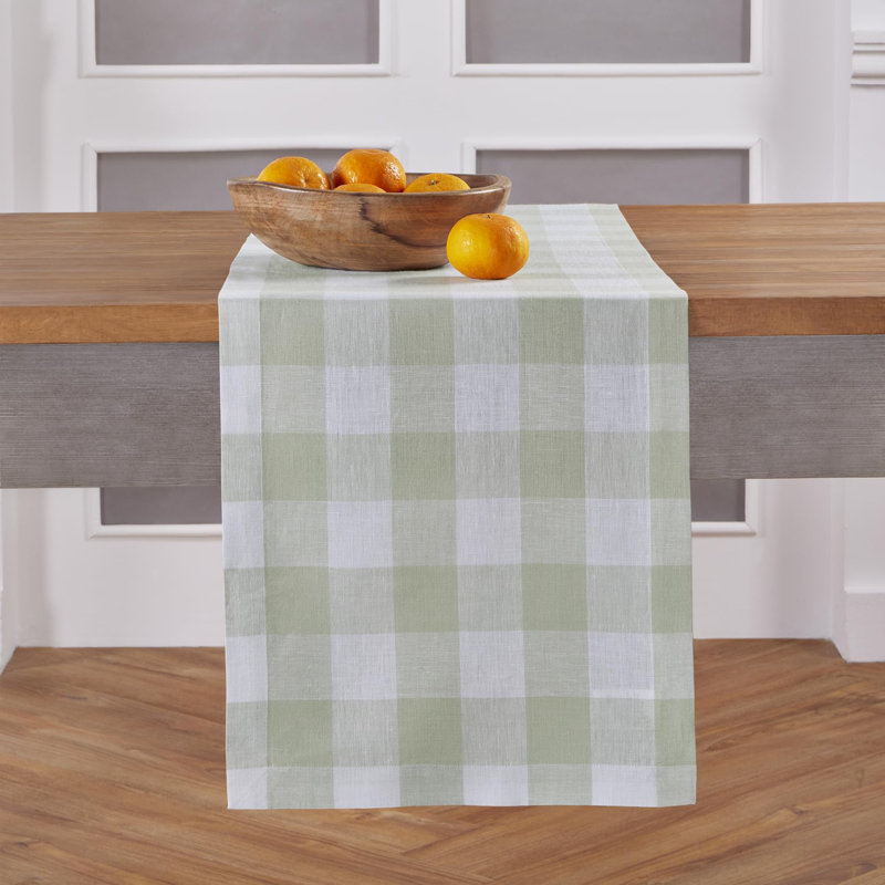 Buffalo Check - 100% Pure Linen Table Runner, 144" x 14", Sage/White