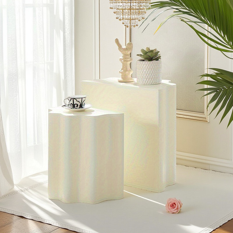 Ensemble de 2 tables d'appoint modernes à bords ondulés - Table de bout / basse en fibre de verre sans assemblage pour le salon, la chambre à coucher et l'appartement