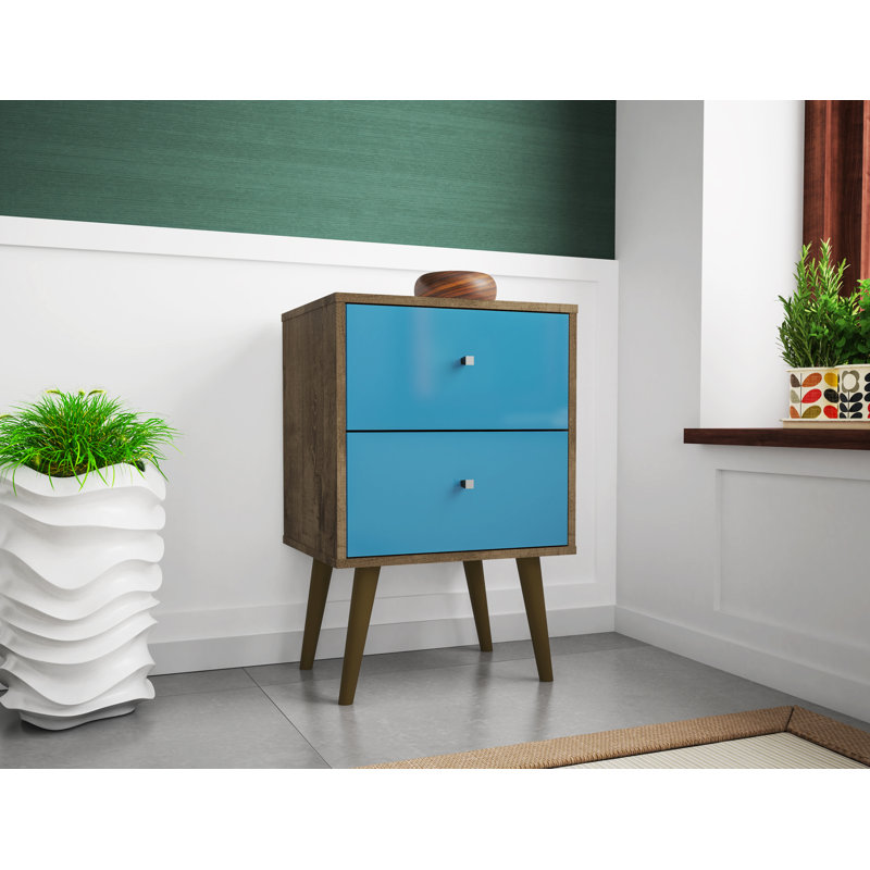 Table de chevet Liberty 18 po L style moderne du milieu du siècle à deux tiroirs, Brun rustique / Bleu aqua