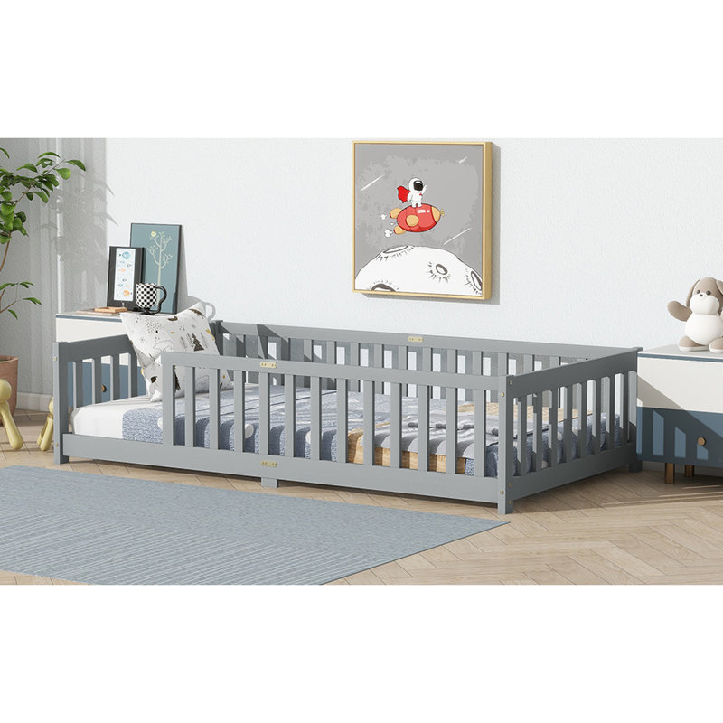 Grey Twin Floor Bed With Fence, Suitable For Small - Sized Rooms, Solid Rubber Wood And Plywood Composition Fence In Grey, Multi Functional ' Sleep Activity, Simple Installation Steps