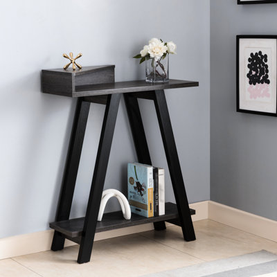 Console contemporaine noire et grise avec 2 tablettes, pieds en forme de A, bureau spacieux, rangement supplémentaire, capacité de tablette de 10 lb, matériau en panneau de particules, finition à deux tons, espace en forme de A, extra