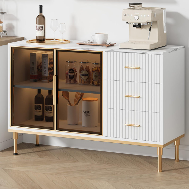 46.4" Fluted Buffet Sideboard Cabinet with Glass Doors, 3 Drawers & Faux Marble Top for Dining Room, White