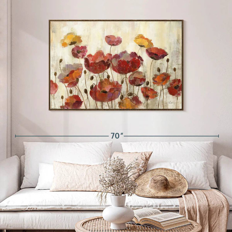 Coquelicots sous la pluie, 46 po x 31 po, Cadre flottant noyer