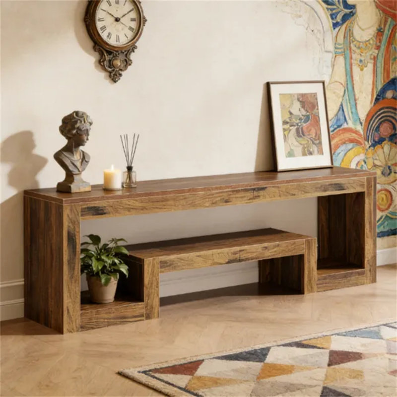 Rustic Industrial Console Table with Open Storage Cubbies & Lower Shelf, for Living Room Sofa Back, Hallway or Entryway, Dark Brown Wood Grain