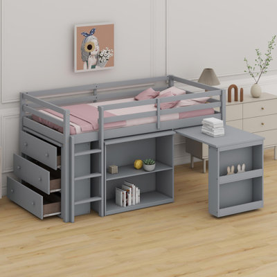 Functional Loft Bed Featuring Storage Cabinet, Built-In Shelves, And Slide-Out Workstation