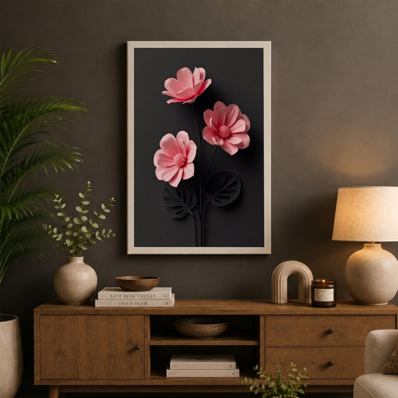 Three Pink Blooms Minimalist 1 Piece Wrapped Canvas Wall Art, 24x16 - 61.0 x 40.6 cm, Ochre Border