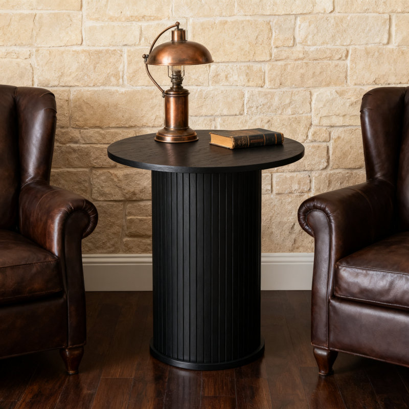 21.7" Tall Mid-Century Modern Tambour Round End Table, Black