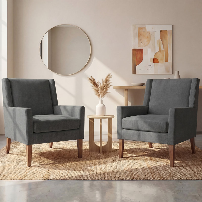 Ayran Upholstered Wingback Armchair with Solid Wood Legs, Gray Fabric