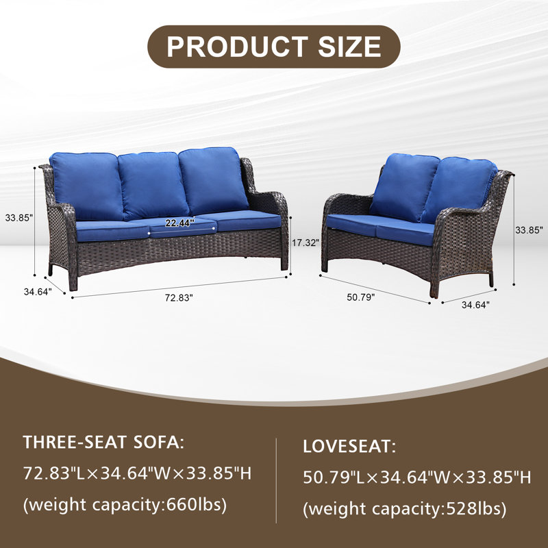 Klodjana Premium All-Weather Wicker 5 - Person Patio Conversation Set with Cushions, Brown, Navy Blue