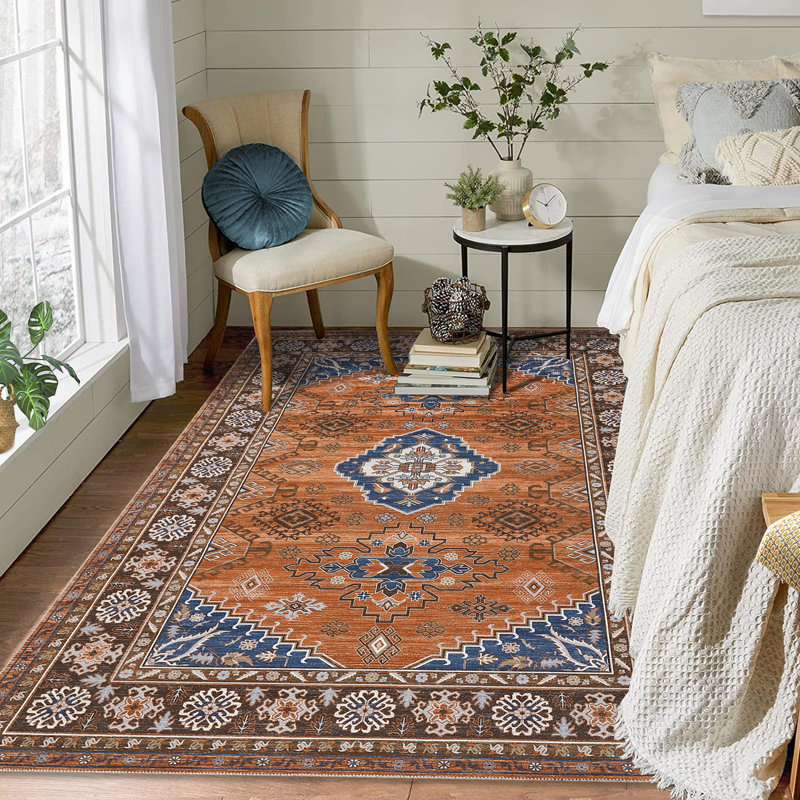 Machine Washable Rugs Vintage Non-Slip Low Pile Rubber Backing Area Rug for Living Room Bedroom Kitchen Dining Room Dorm and Bedside Decor