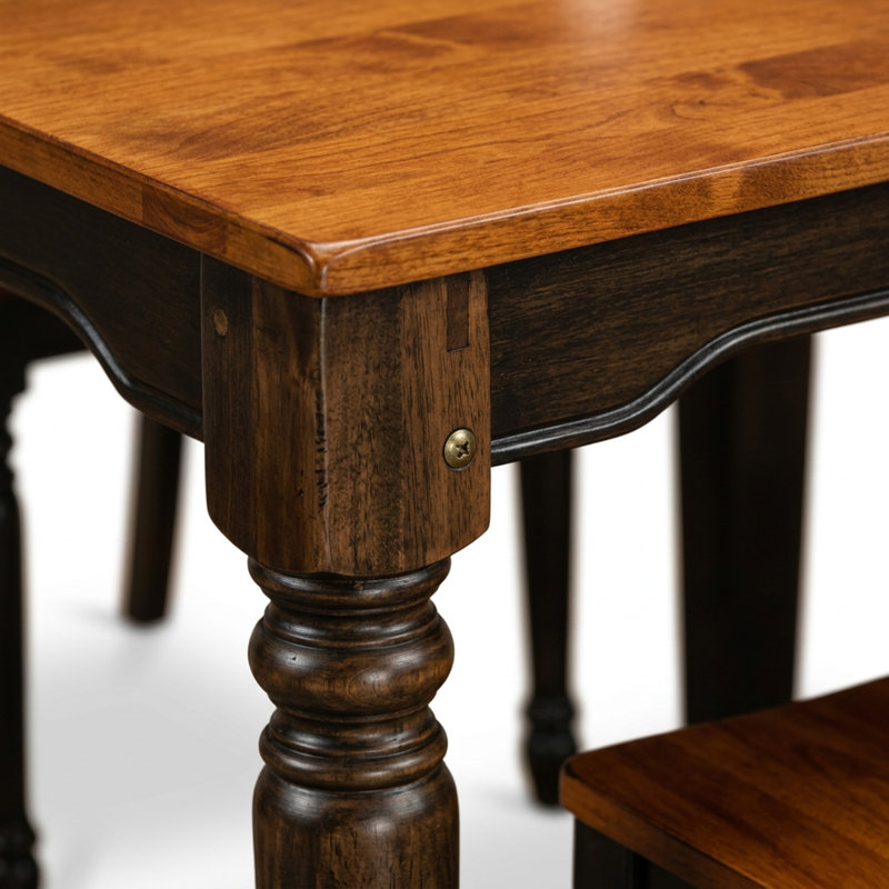 Ensemble de table de salle à manger rectangulaire en bois bicolore (laiton et cerisier) avec rallonge intégrée de 45,7 cm et six chaises en bois massif.
