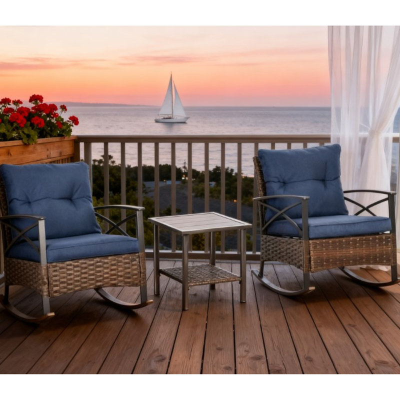 Comfortable Patio Dining Sets With Durable Wicker, Dark Blue Cushions For Enjoyment