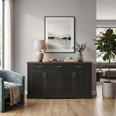 63" Fluted Sideboard Buffet Cabinet, Modern Coffee Bar Station with 4 Doors, 3 Drawers and Adjustable Shelves, Functional Storage Console Table for Living Room Dining Room Entryway