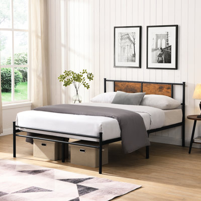 King Bed Frame With Black Decorated Wood Panel Headboard, Steel Metal Structure For Durability And Quietness, Under Storage, Simple Assembly, No Box Spring Needed Construction, Quiet Stable,
