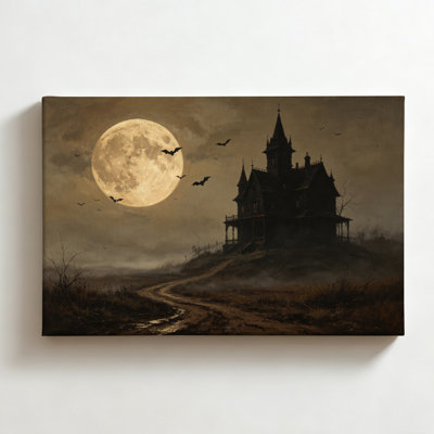 Manoir gothique sous la pleine lune, peinture à l'huile sombre et mystérieuse sur toile, décoration murale d'automne gothique pour salon ou chambre, 50 x 75 cm