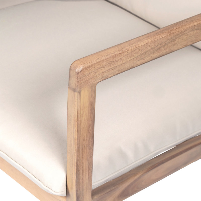 Causeuse d'extérieur en bois d'acacia avec table basse, structure en teck clair, coussin beige