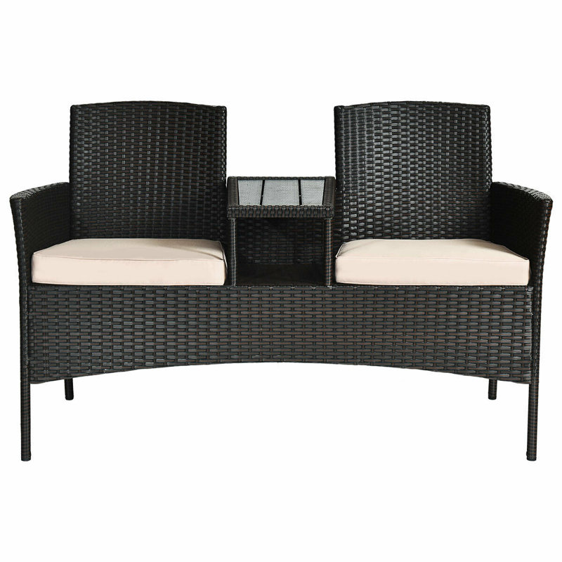 Jaylyn Modern Outdoor Rattan Loveseat with Built-in Coffee Table and Cushions, Beige