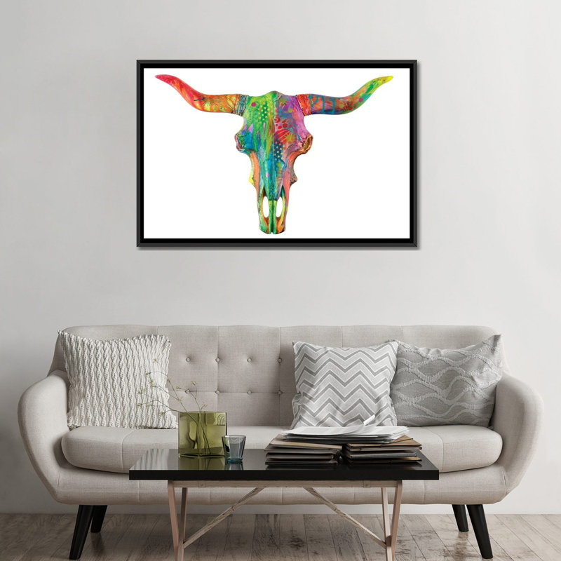 « longhorn », impression sur toile, H 32 po x l 48 po x P 1,5 po, Toile avec cadre noir, Pas de tapis