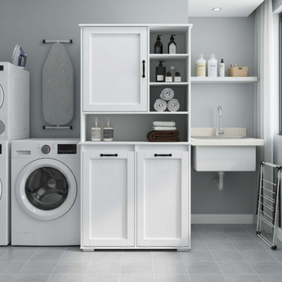 White Freestanding Laundry Cabinet With Doors, Tilt Out Hamper, Adjustable Shelf, Open Storage, Multiple Compartments