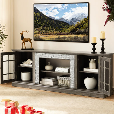 Grey Modern Tv Stand, 70" Faux Stone Media Console Cabinet, 2-Door Storage, Ample Storage Space