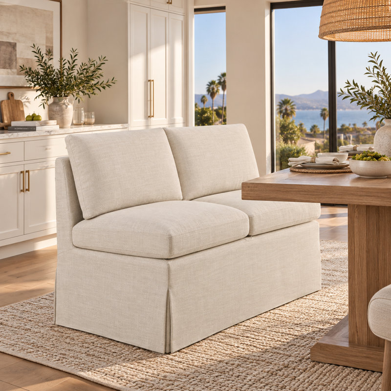 Banc de salle à manger rembourré en bois massif, Lin beige