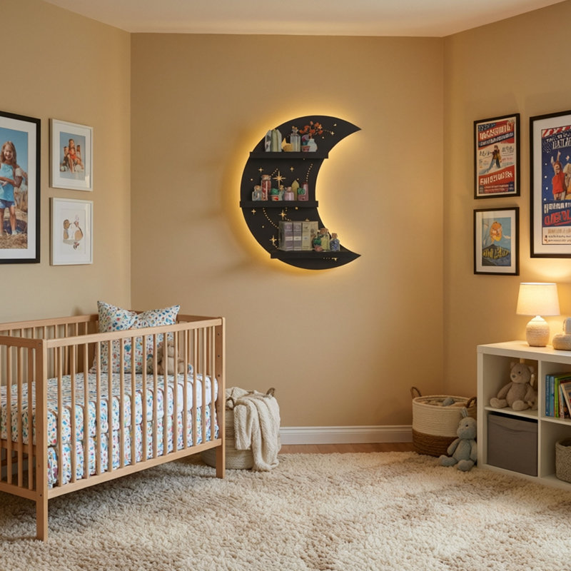 Crescent Moon Wall Shelf with LED Light, 3-Tier Celestial Display Shelf for Crystals, Trinkets and Decor