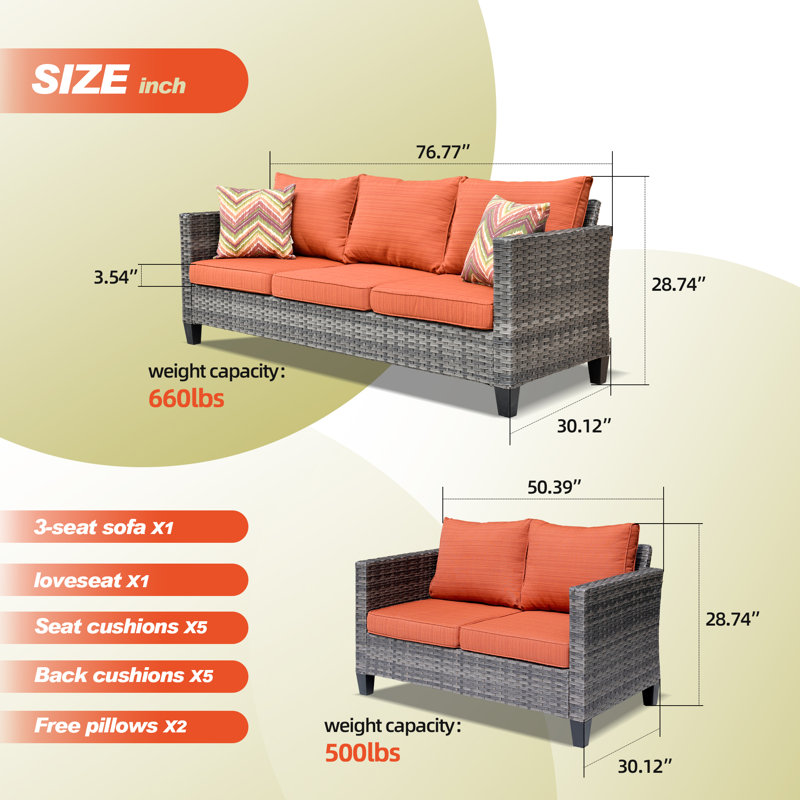Premium All-Weather Wicker 5 - Person Patio Conversation Set with Cushions, Orange Red