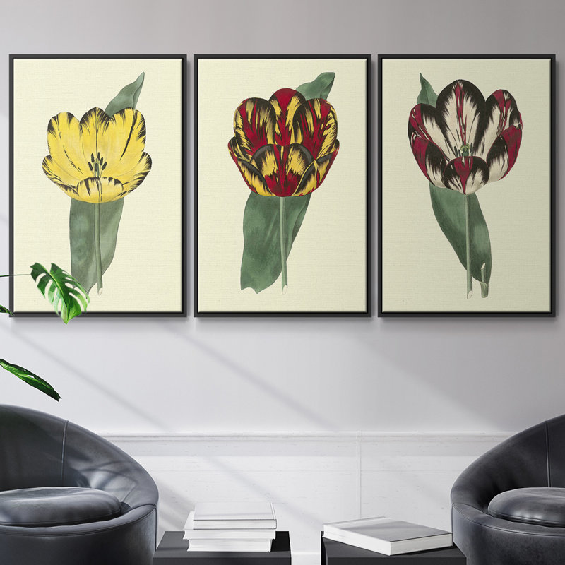 Antique Tulip II, ensemble de 3 toiles tendues avec châssis de qualité supérieure, Noir, H 27 po x l 54 po