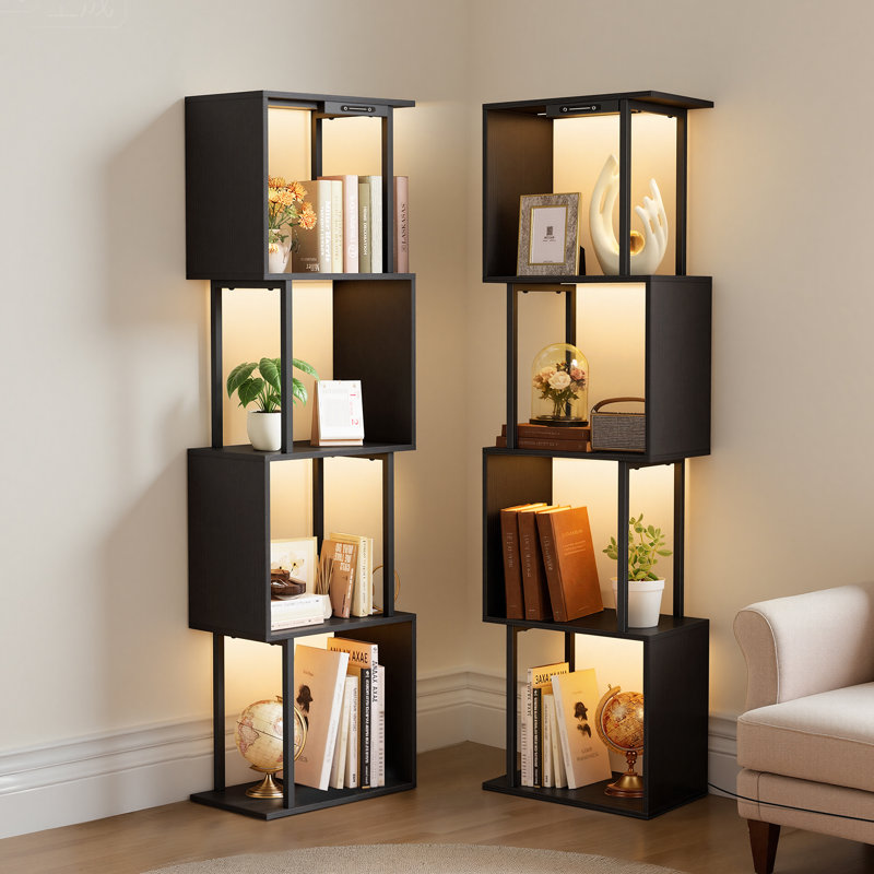 Steel Geometric Bookcase with Lighting and Touch Slider Control, Black
