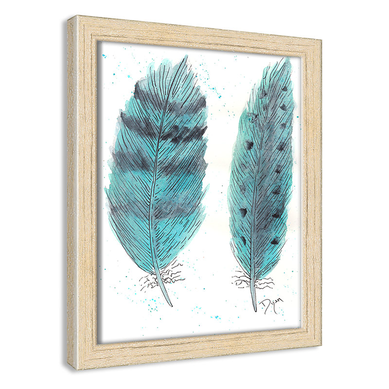 «Feathers in Turquoise II», art encadré, H 11 po x l 9 po x P 1,18 po, Encadrement beige