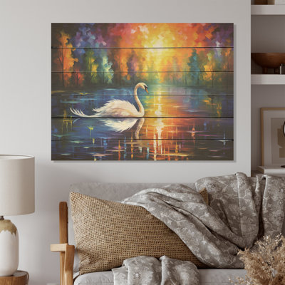 The Swans Reverie By The Lake - Art sur bois de pin naturel