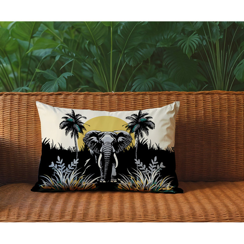 Coussin rectangulaire intérieur / extérieur Sima Elephant, Rectangle H 14 po x l 20 po, Noir