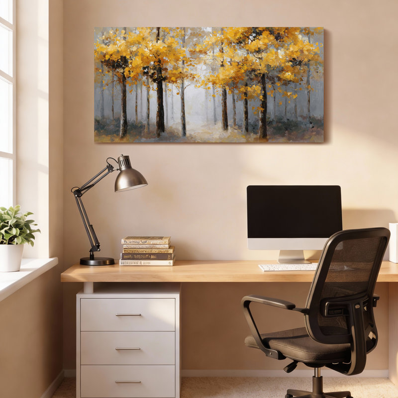 Tableau sur toile tendue représentant des arbres d'automne et des feuilles jaunes, H 12 po x l 36 po