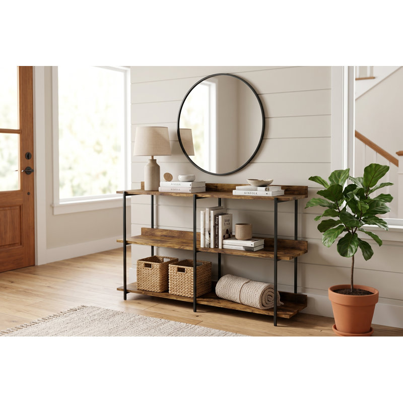 Console industrielle de 34 pouces, canapé-lit étroit à 3 niveaux avec tablettes, finition en bois récupéré et cadre en métal noir pour le vestibule, le couloir