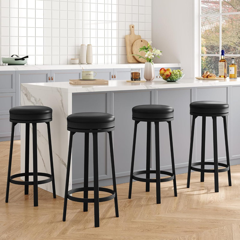 360° Swivel Bar Stool, PU Leather Upholstered Bar Stool with Metal Footrests, Mid Century Modern Barstool, 4, Black