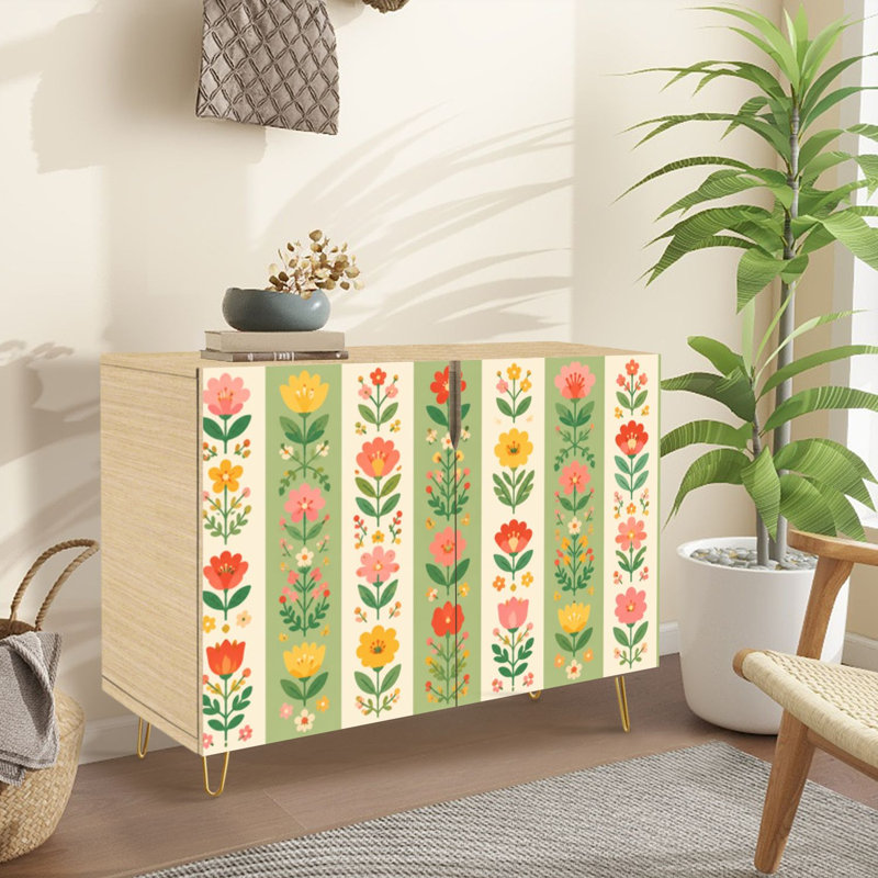 Buffet Buffet avec rangement Art floral populaire scandinave sans couture rouge jaune et rose avec 2 portes pour le salon et la cuisine