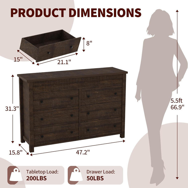 119.9 cm W Chest of 6 Drawers, Brown