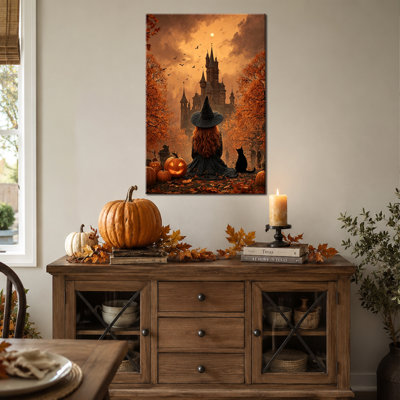 Décoration murale d'automne et d'Halloween, tableau sur toile représentant une sorcière et un château gothique, couleurs chaudes d'automne, art mural gothique pour salon, entrée ou chambre (30 x 45 cm).