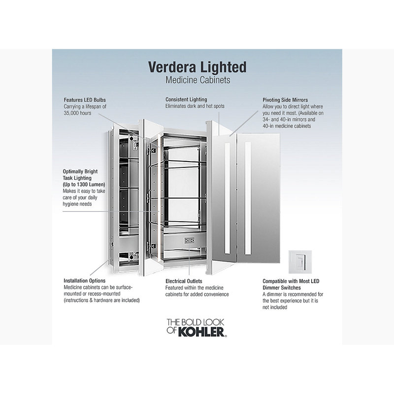 Verdera® Recessed or Surface Mount Frameless Medicine Cabinet with 2 Adjustable Shelves and Electrical Outlet