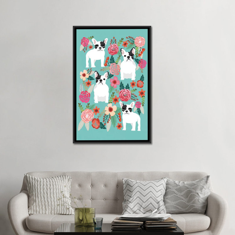 Collage floral français bouledogue, impression sur toile tendue, H 60 po x l 40po x P 1,5 po, Toile avec cadre noir