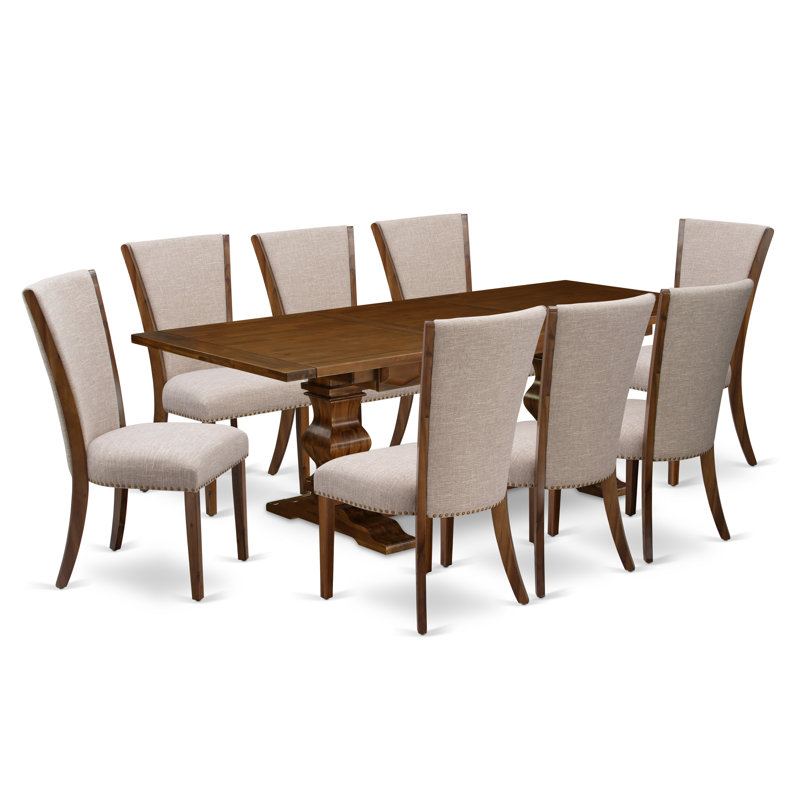 L'ensemble 9 pièces de table et chaises de cuisine comprend une table de salle à manger rectangulaire avec rallonge amovible et 8 chaises Parson en tissu brun clair clair, noyer antique