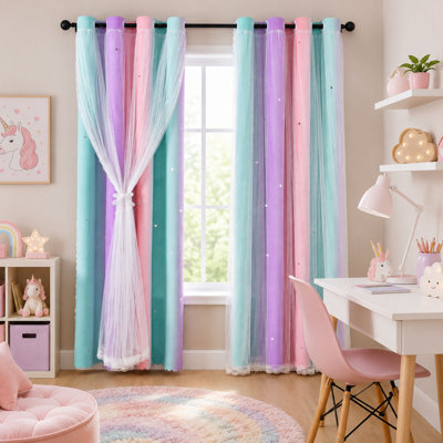 Kids Rainbow Blackout Curtains, Star Tulle Design