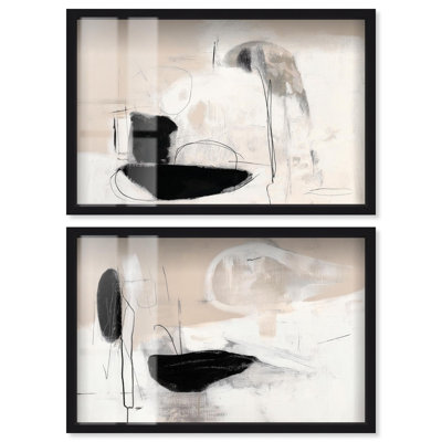 Ensemble de 2 art mural neutre neutre et abstrait par Art Remedy, cadre noir, 31 x 21