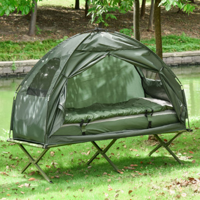 Lit de camp pliant multifonctionnel pour adultes Outsunny, tente surélevée avec sac de couchage, surmatelas épais, lit de camping portatif pour lit simple