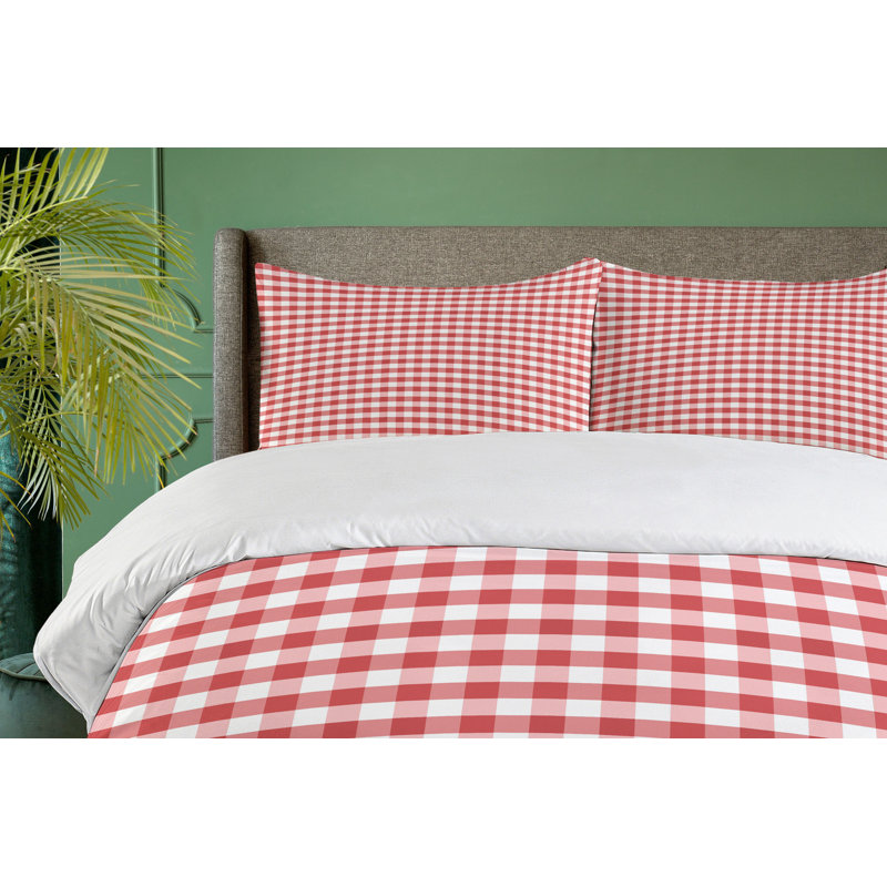 Coral and White Checkered Queen Duvet Cover Set